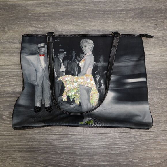 Marilyn Monroe Shoulder Purse Women Black Rhinestone Embellished Zip Closure - Picture 9 of 11